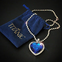 Load image into Gallery viewer, Titanic Heart of Ocean blue heart love forever pendant Necklace + velvet bag
